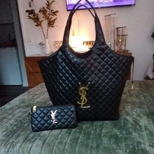 Yves Saint Laurent Black Quilted Tote with Gold Accents